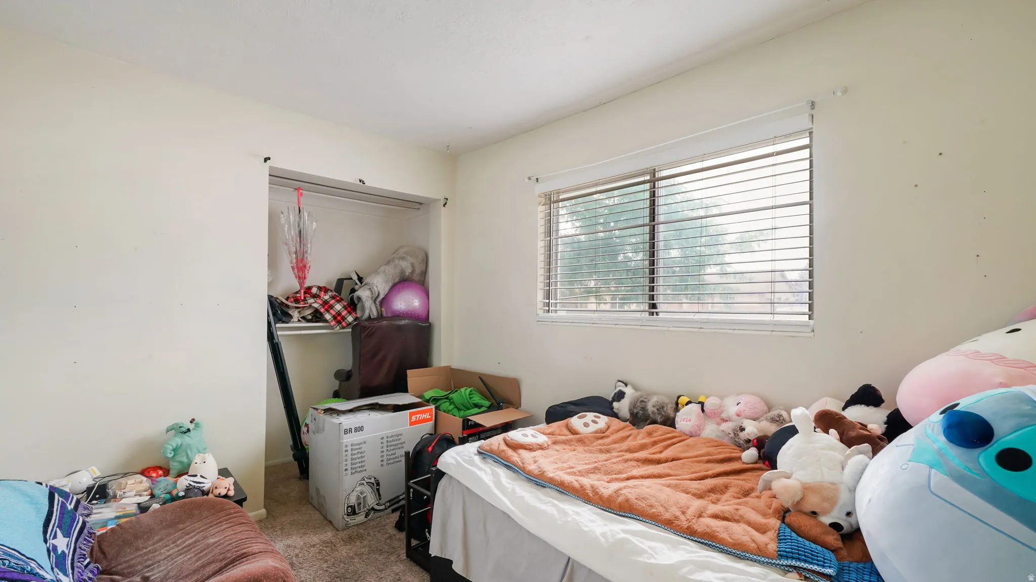 Room featuring a horizontal window with blinds, a built-in closet with shelving, and light-colored walls
