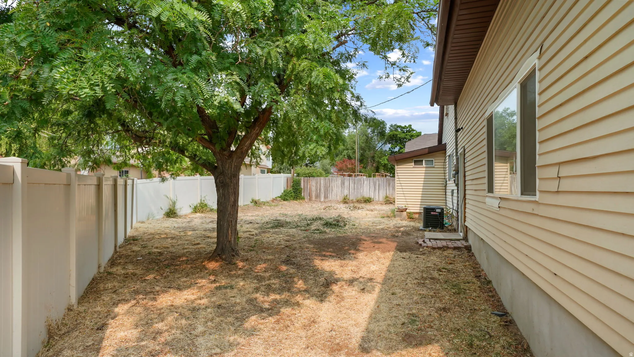 Expansive side yard featuring a mature tree, white privacy fencing, and wood-finish siding