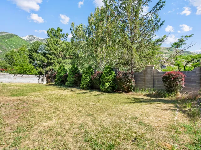 Expansive outdoor space featuring a retaining wall, mature trees, and a block wall perimeter
