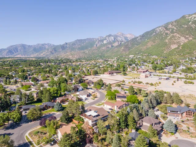 Expansive aerial view showcasing a residential area with mature trees and mountain scenery