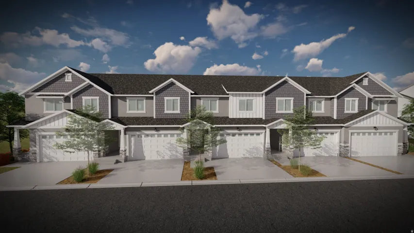Modern townhome facade featuring a two-car garage, stone accents, shingle siding, and gabled rooflines