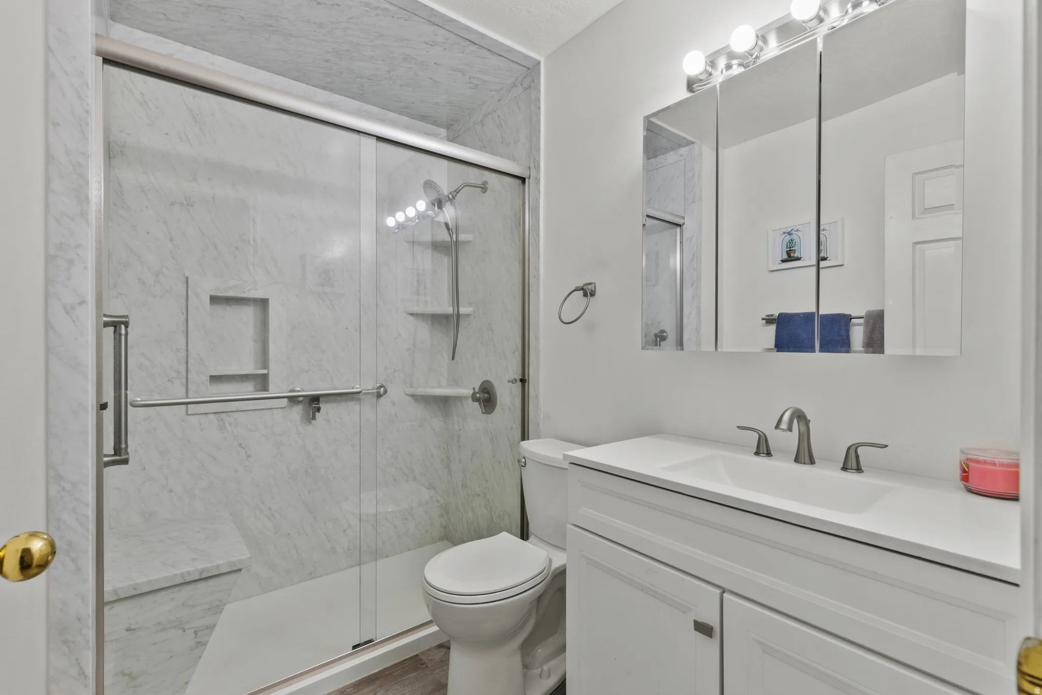 Bathroom with glass-enclosed shower featuring a built-in bench, recessed shelf, and grab bar