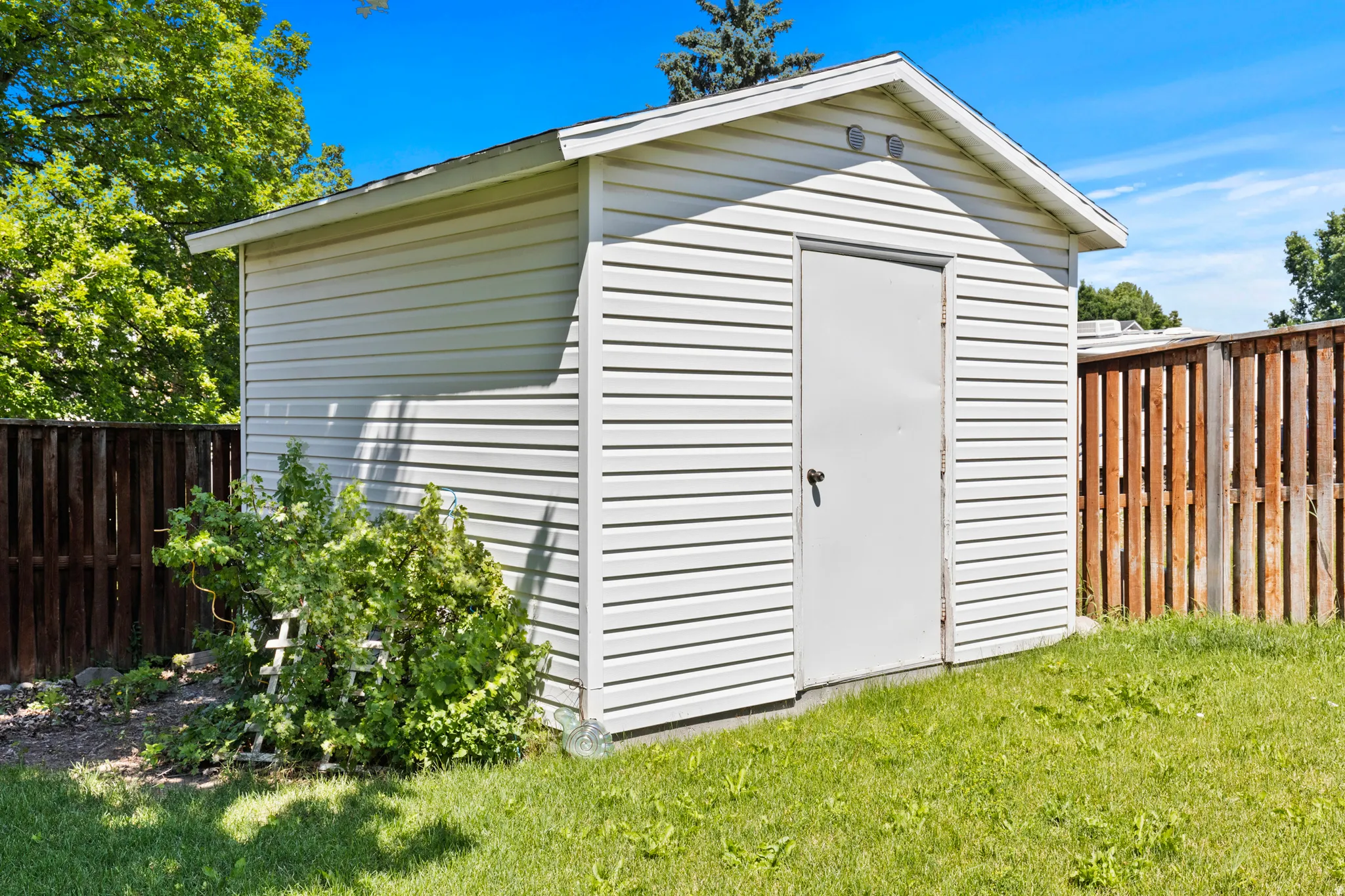Detached storage shed featuring horizontal vinyl siding, a single entry door, and a gable roof with two visible vents