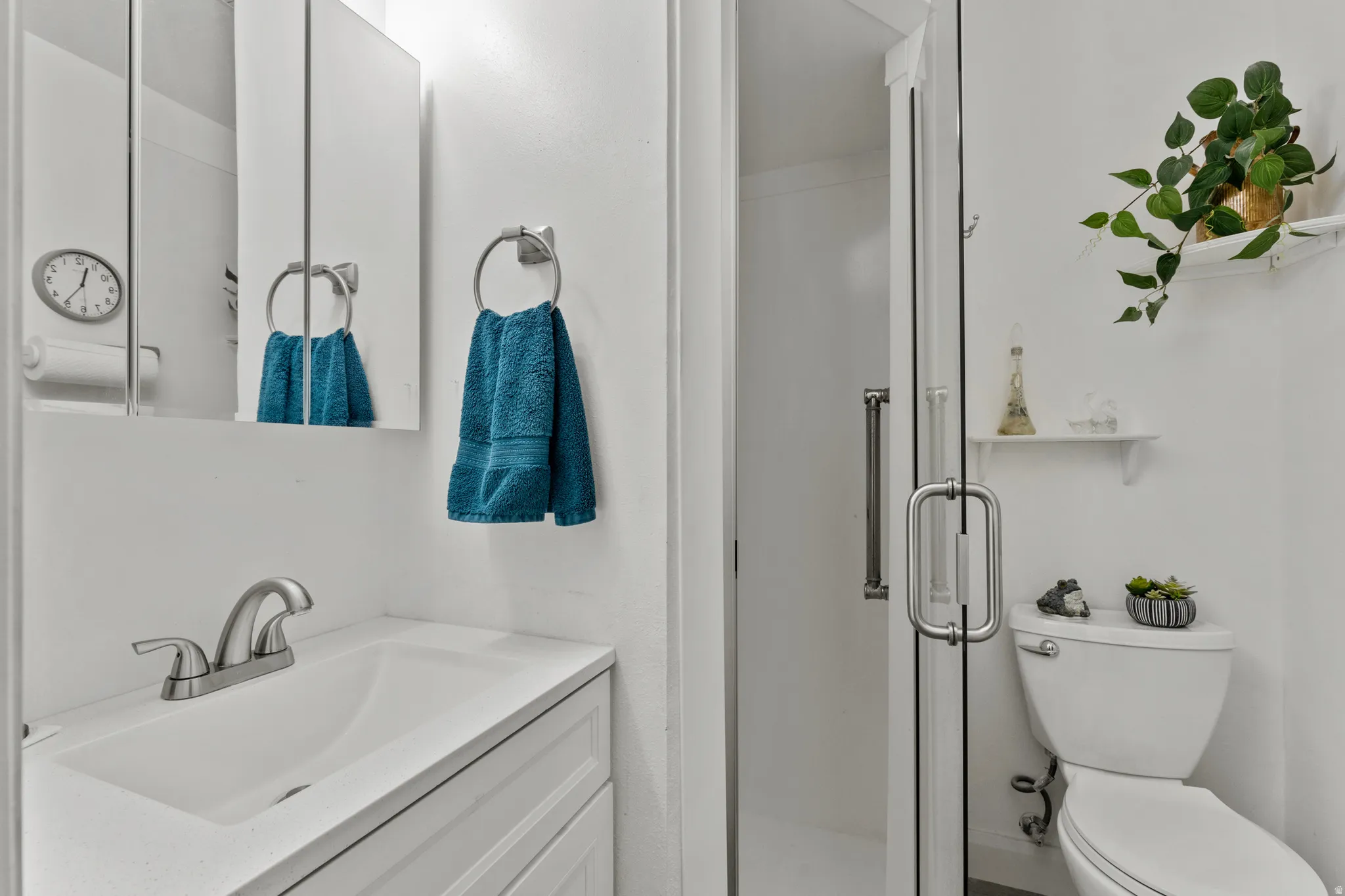 Bathroom featuring a white vanity with integrated sink, brushed nickel faucet, mirrored medicine cabinet, and glass-enclosed shower with a grab bar