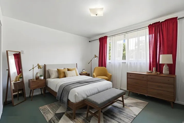 Bedroom 1 featuring a large window, neutral wall paint, and a ceiling-mounted light fixture