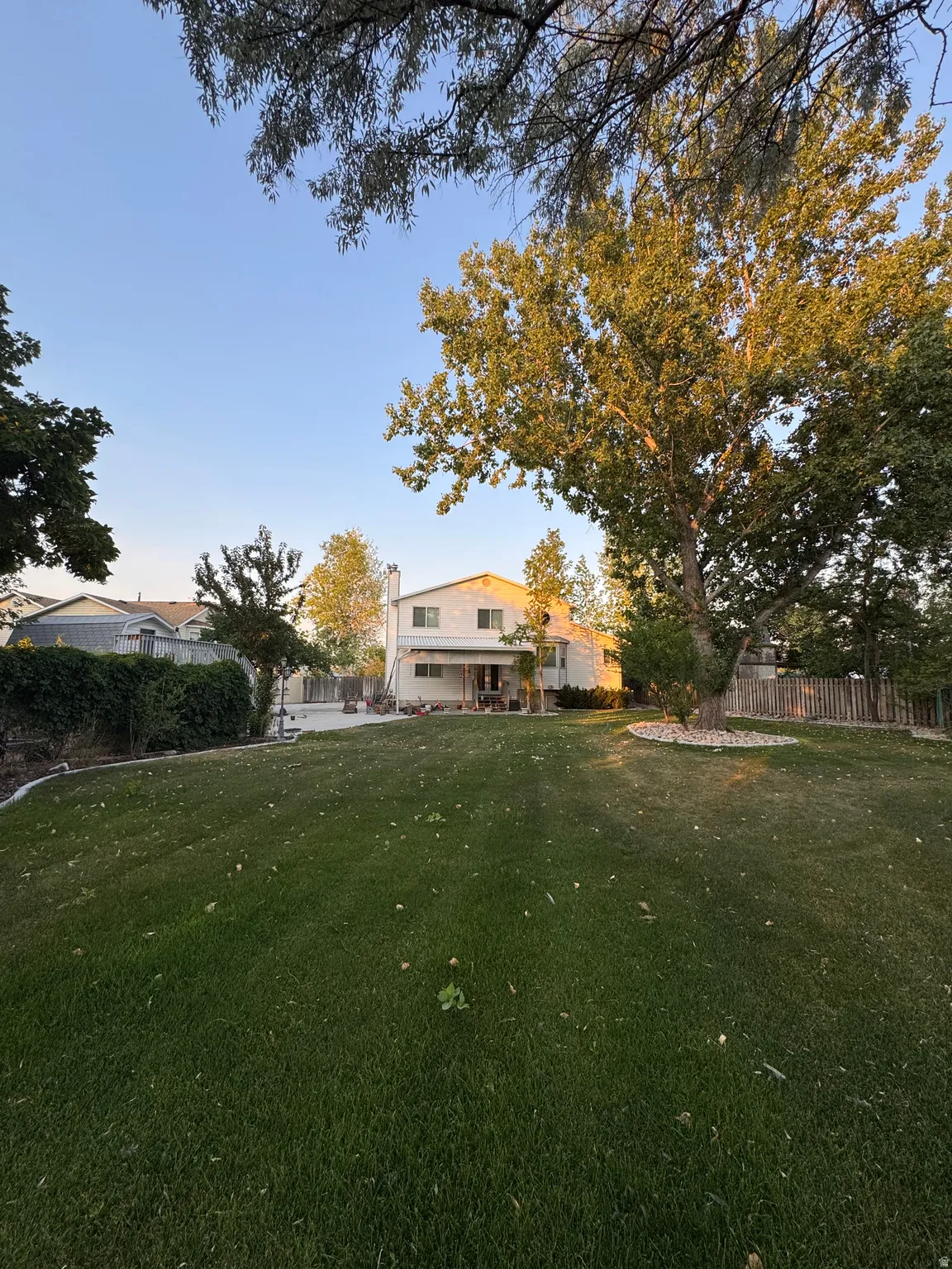 Expansive lawn area featuring mature trees and a concrete patio
