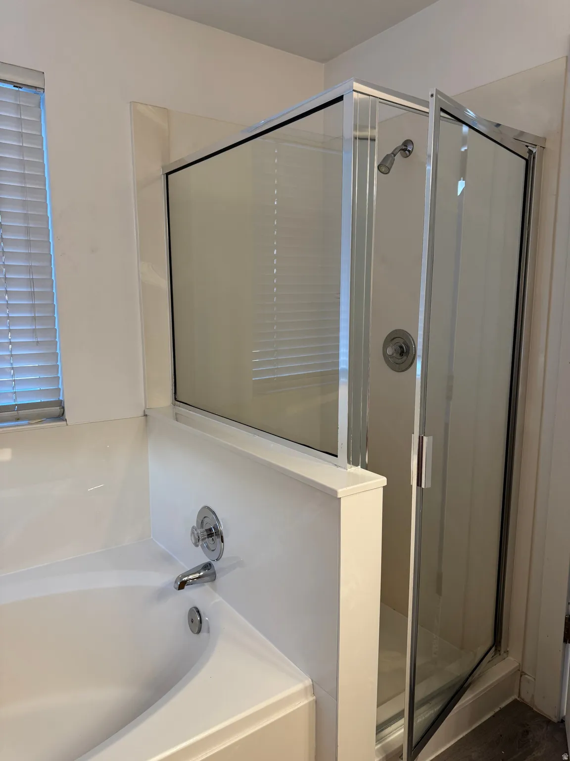 Alcove bathtub with chrome fixtures and an adjacent glass-enclosed shower with a chrome showerhead