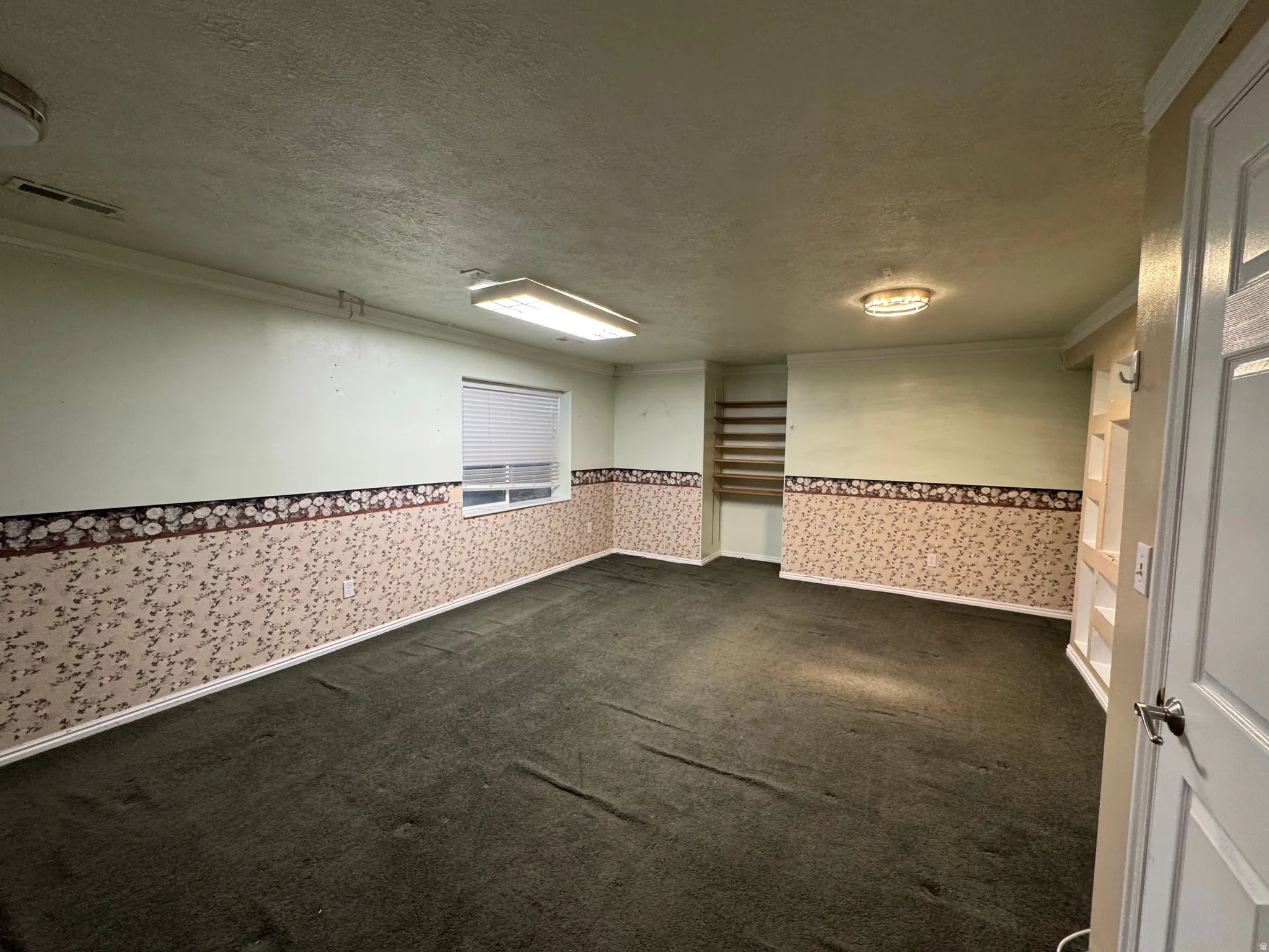 Spacious interior room featuring dark green carpeting, a window with horizontal blinds, built-in shelving, and a combination of painted walls and decorative wallpaper
