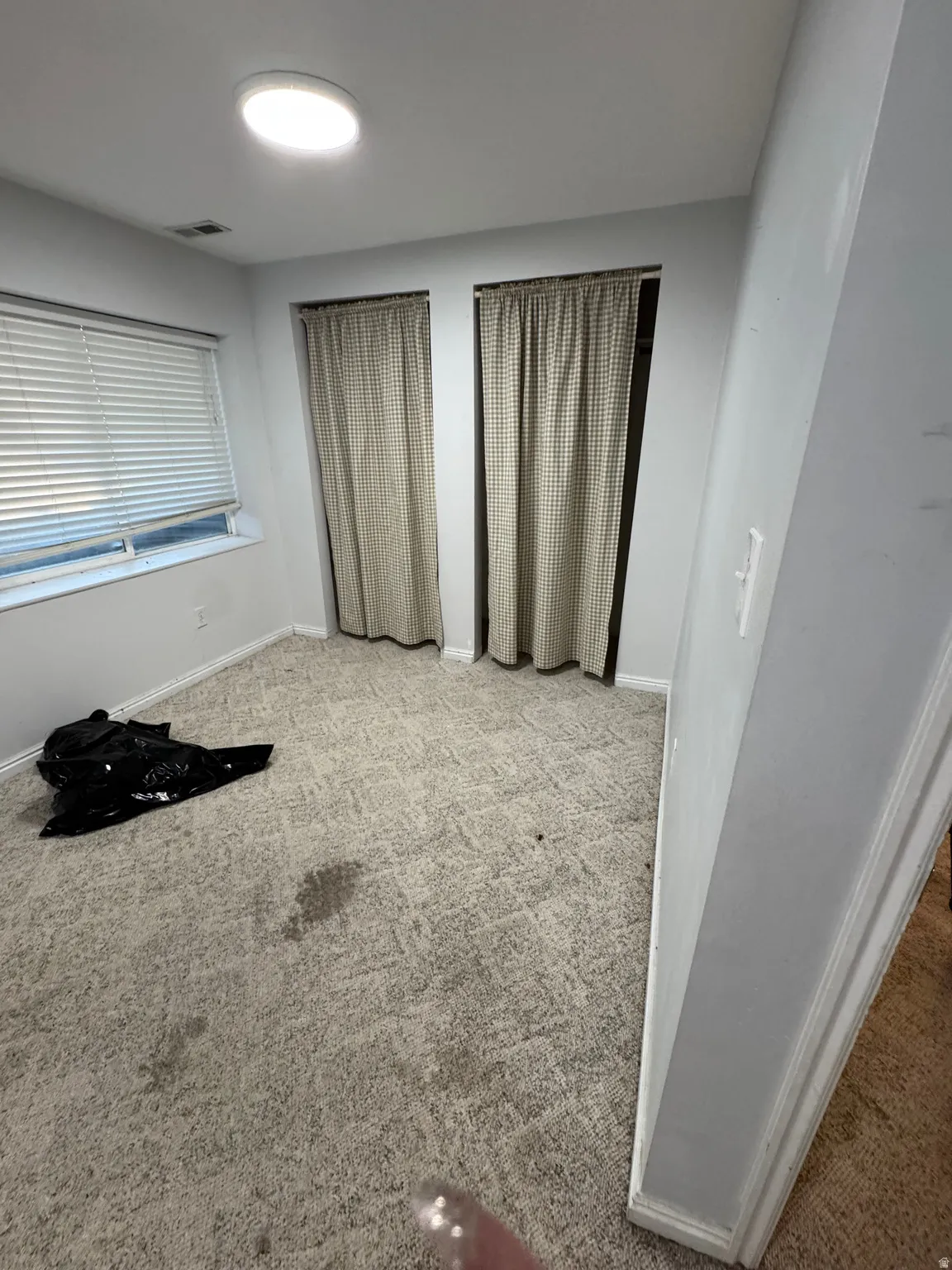 Recessed window with horizontal blinds, overhead lighting, and wall-to-wall carpeting