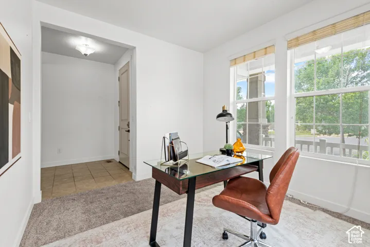Light-filled room featuring two large windows with natural wood blinds, plush carpeting, and a tiled entryway