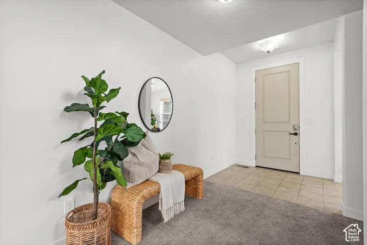 Entryway featuring a panel door with dark hardware, tile flooring, and overhead lighting