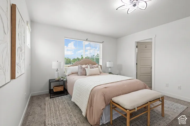 Bedroom with a large window, plush carpet flooring, a ceiling-mounted light fixture, and a paneled interior door