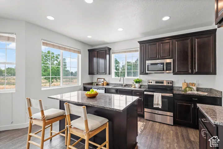 Kitchen featuring dark wood cabinetry, stainless steel appliances, granite countertops, a central island with bar seating, and wood-finish flooring