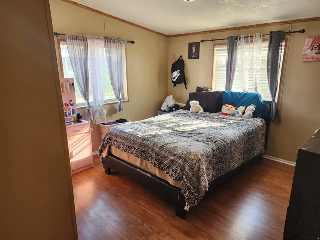 Room featuring wood-finish flooring, two windows with horizontal blinds, and a ceiling-mounted light fixture
