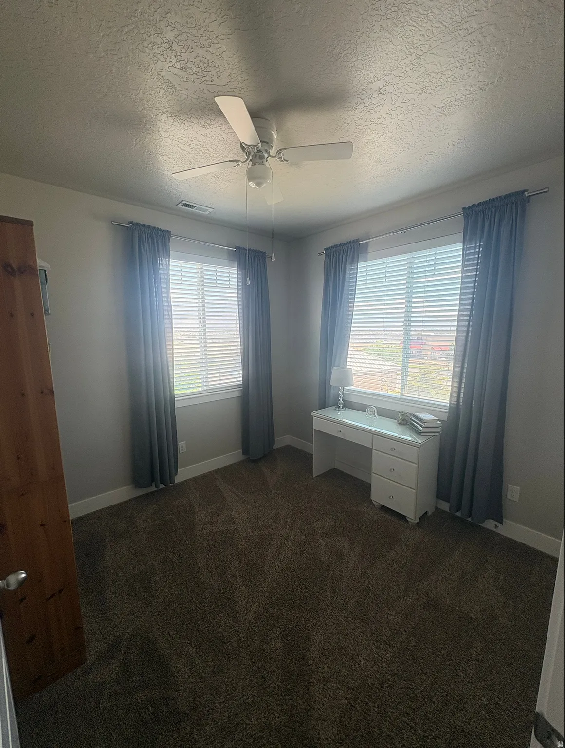 Carpeted room with multiple windows, a ceiling fan, and a wood-finish door