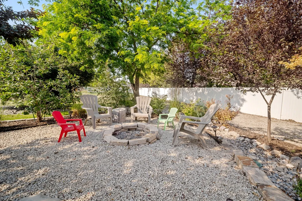 Gravel patio area featuring a stone-lined fire pit, mature trees, diverse plantings, and a privacy fence