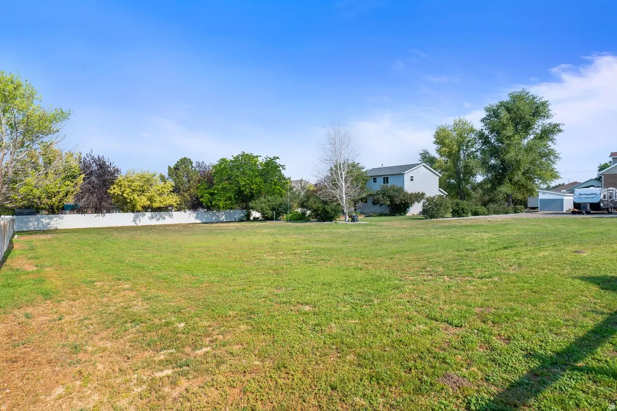 Expansive grassy area featuring a white perimeter fence, mature trees, and a clear blue sky