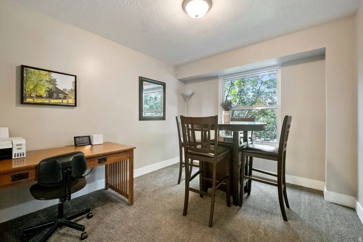 Interior room featuring neutral wall paint, carpet flooring, a window with exterior tree views, and white baseboards