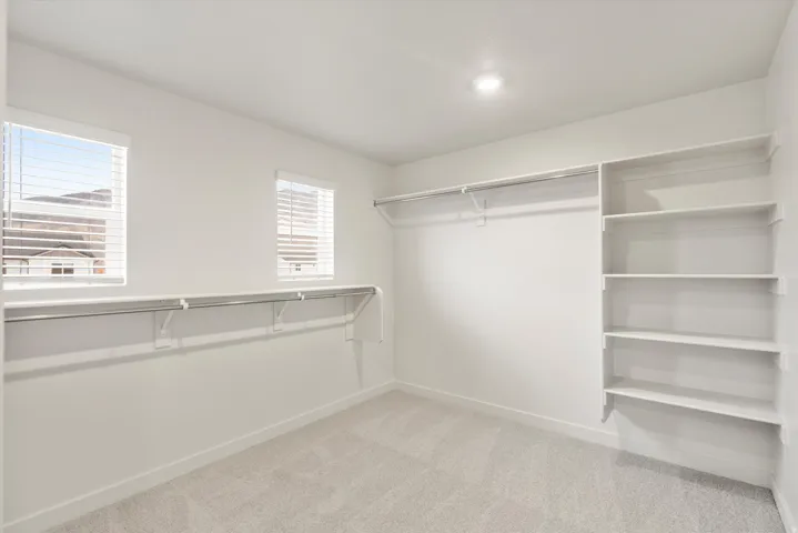 Spacious walk-in closet featuring white walls, light-toned carpeting, and two large windows with blinds
