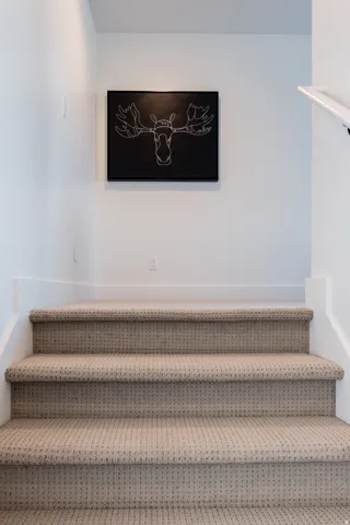 Carpeted staircase featuring a light-toned textile, white risers, and a white handrail