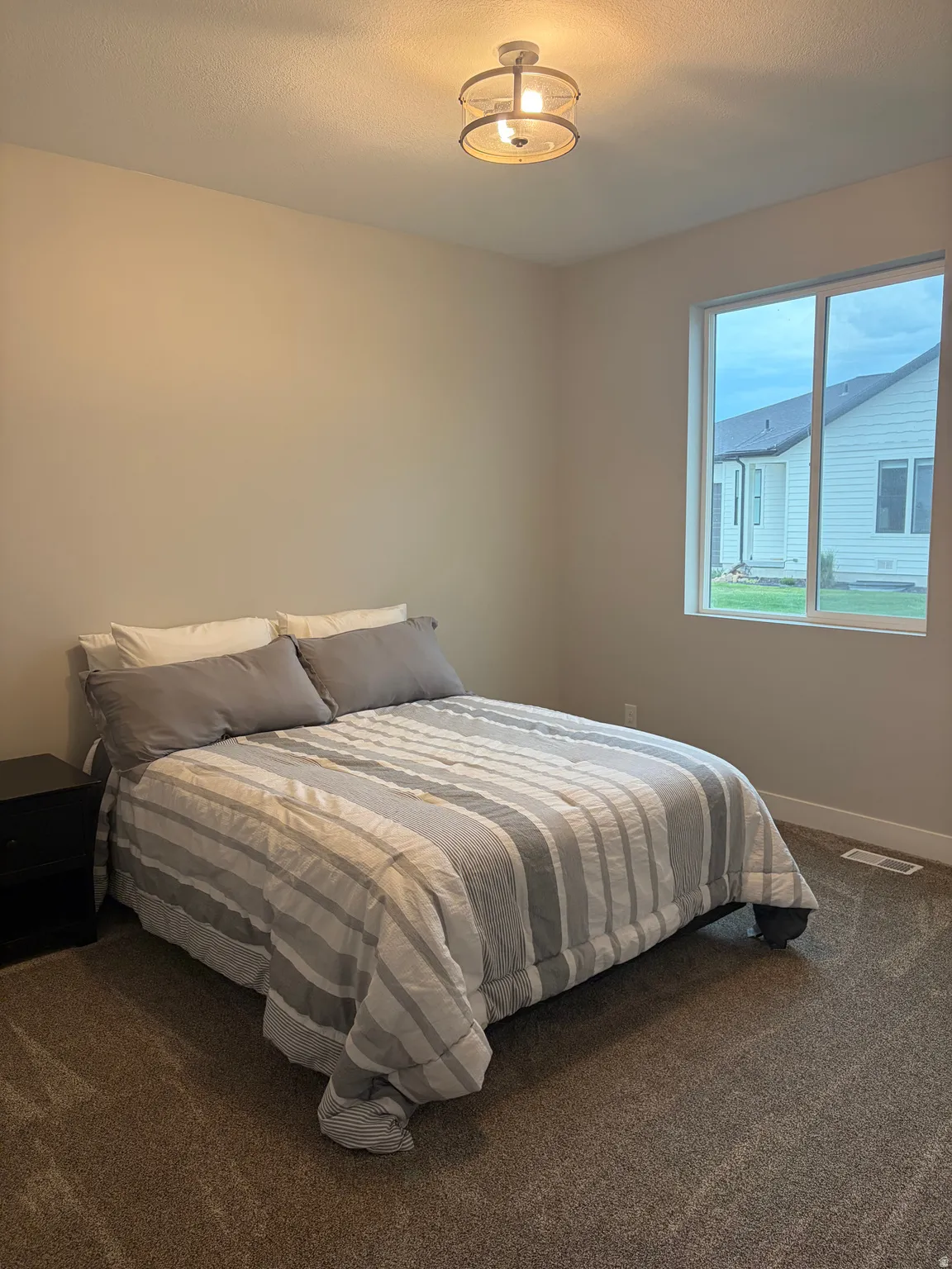 Neutral tone wall finishes, ceiling-mounted light fixture, large window, and carpeted flooring