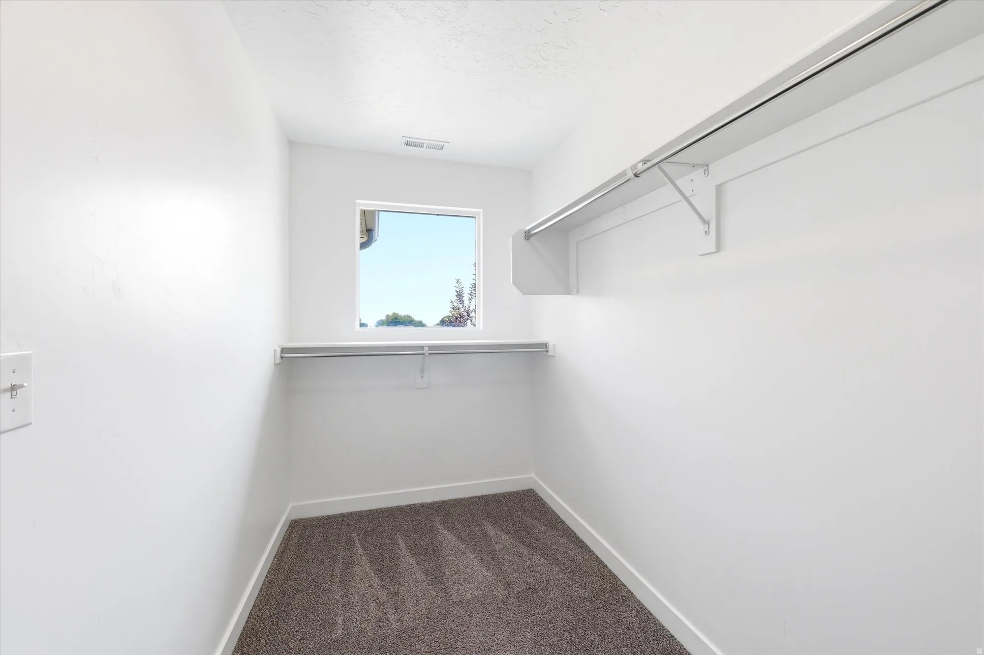 Interior space with neutral wall finish and carpet flooring