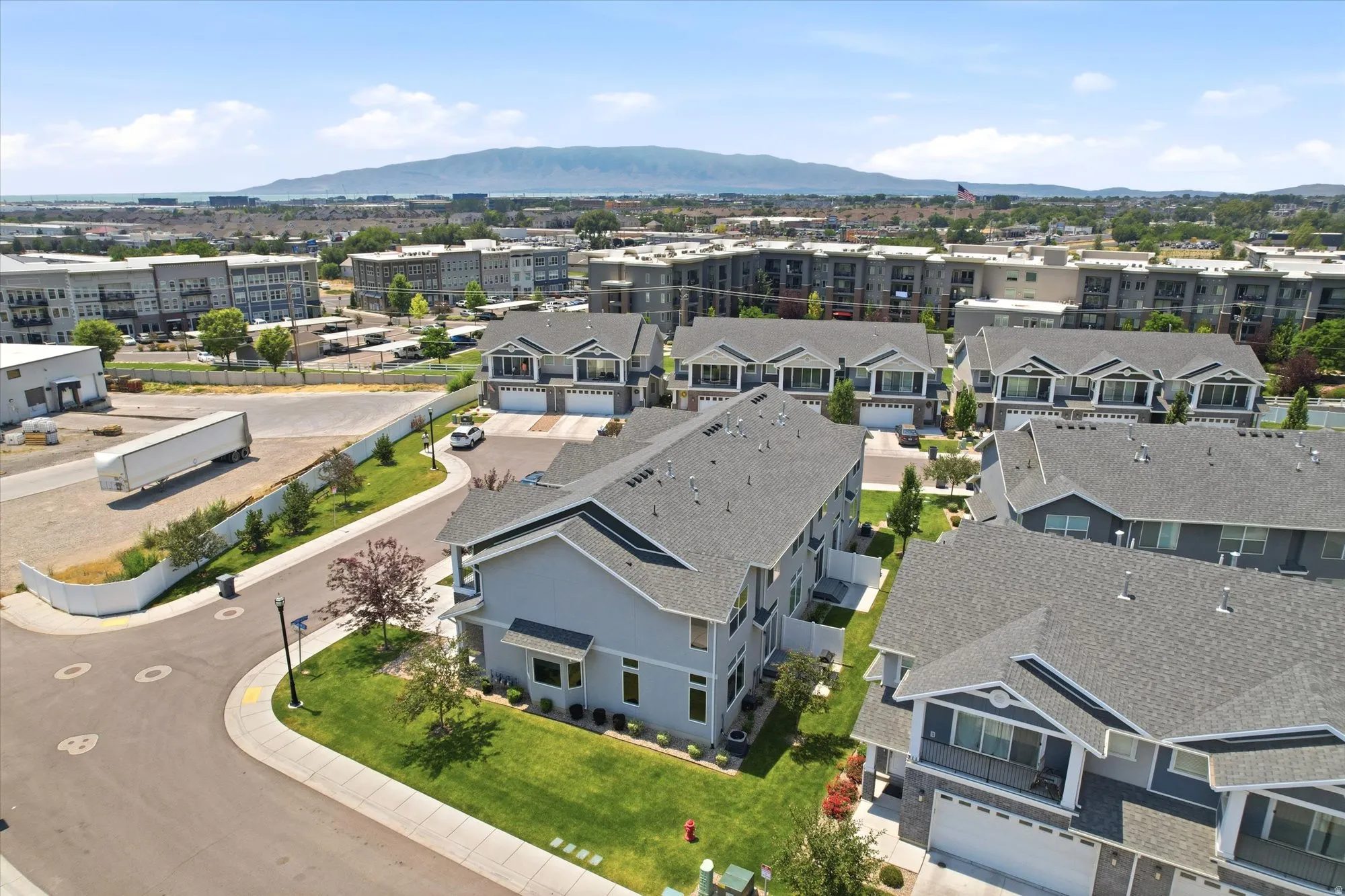 Aerial perspective showcasing a residential community with contemporary architecture