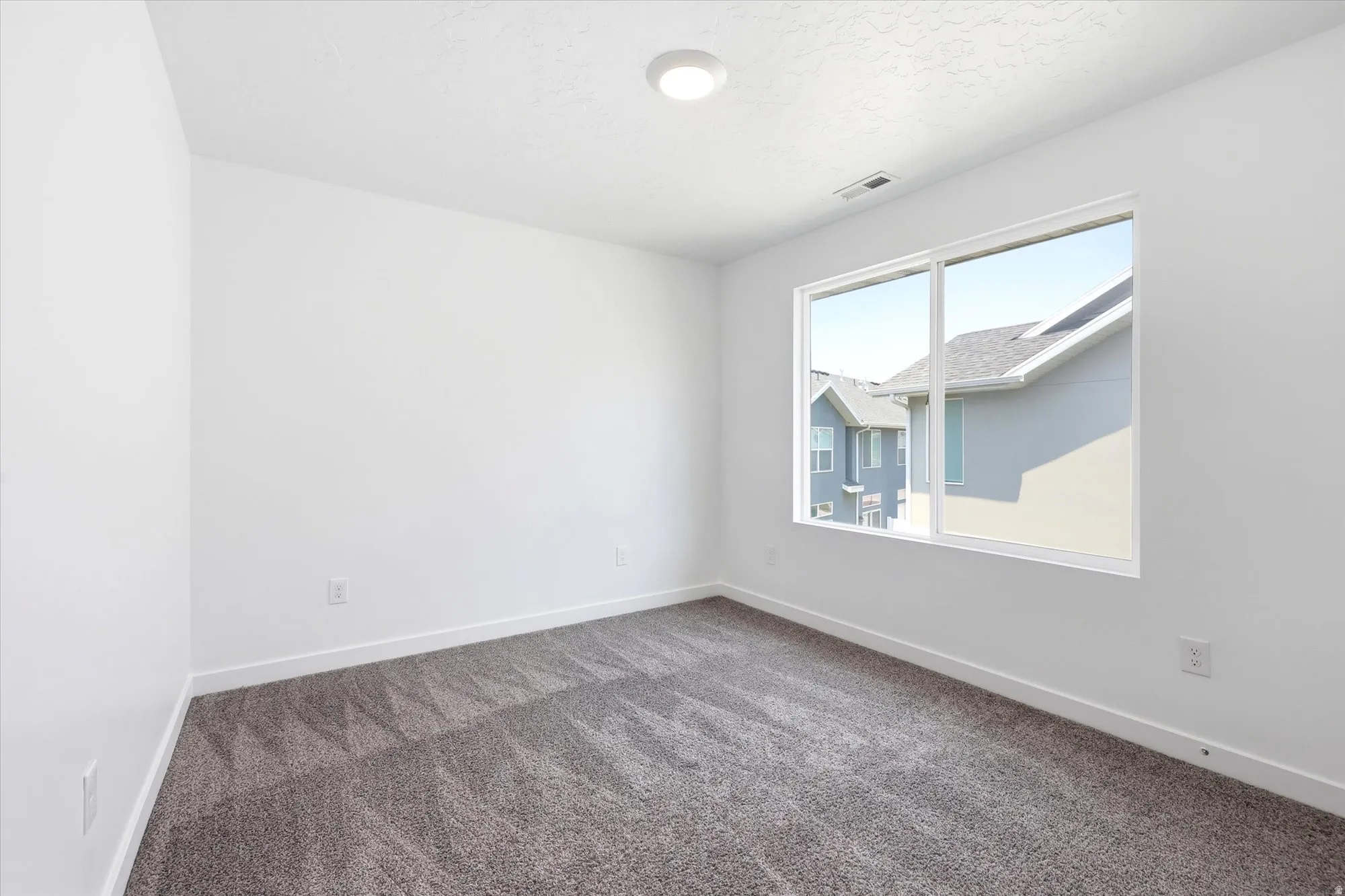 Bright room with a large window, neutral gray carpet, white walls, and a ceiling-mounted light fixture