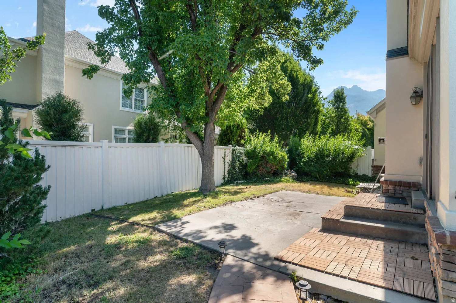 Exterior patio with wood-finish steps and a concrete pad