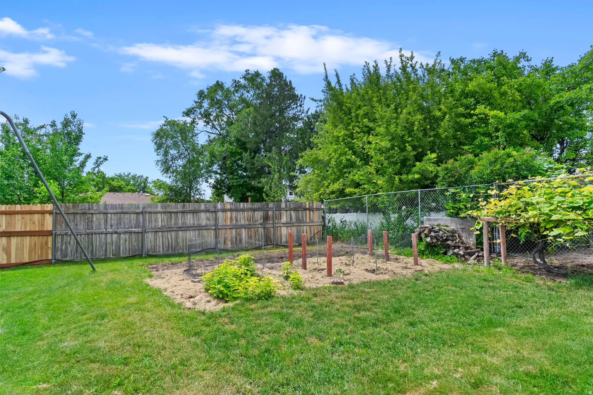 Expansive backyard featuring a manicured lawn, a cultivated garden area, a combination of wood and chain-link fencing, and mature trees providing natural screening