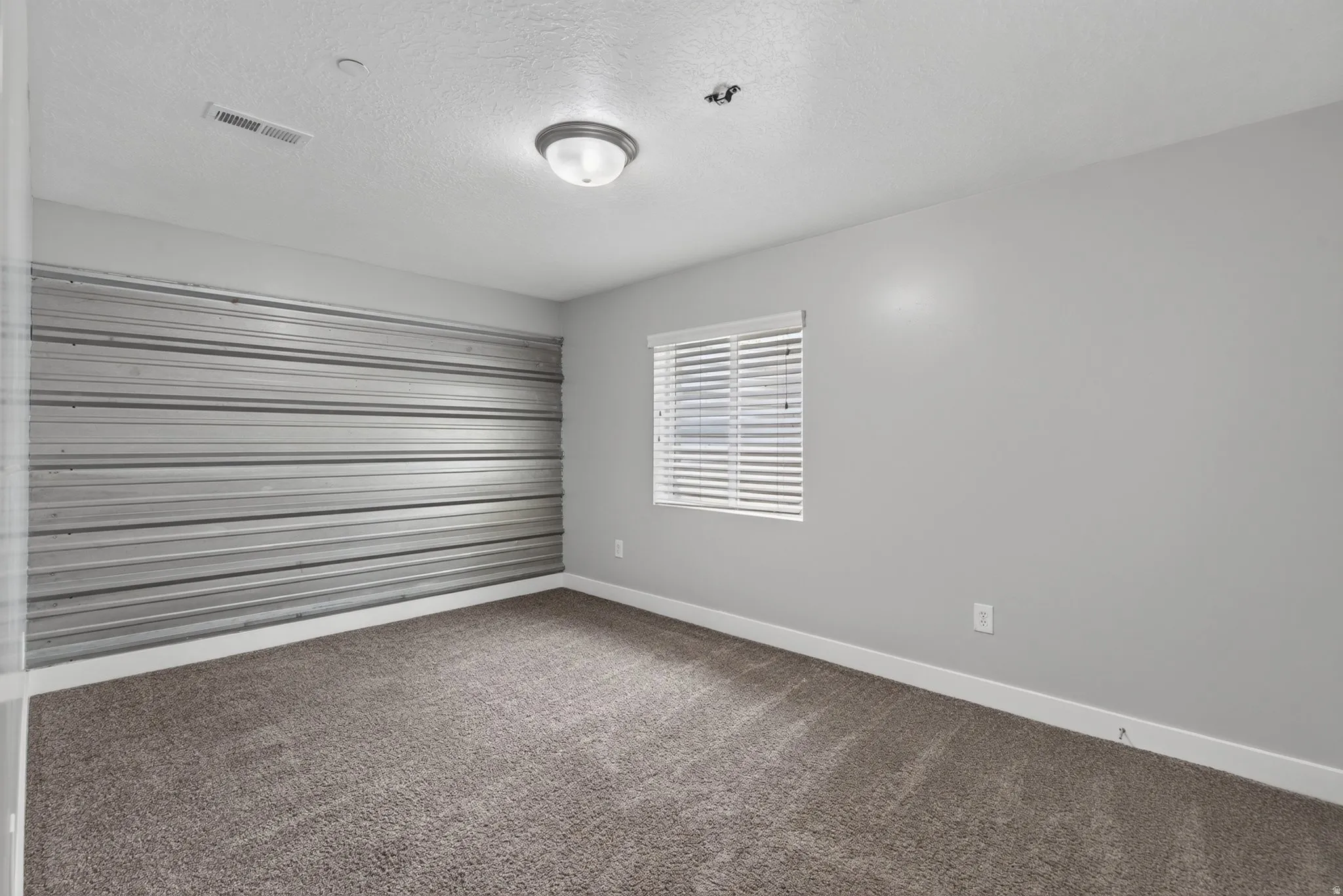 Basement bedroom 3 of 3 with  closet and corrugated metal accent wall.