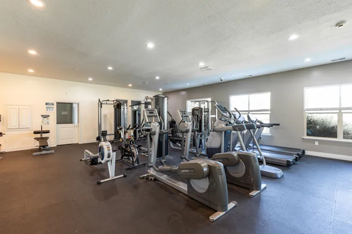 Fitness center featuring recessed lighting and multiple windows