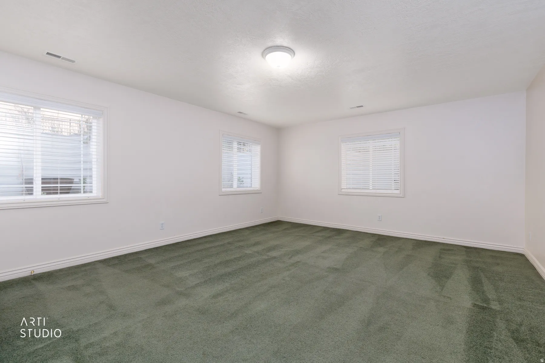 Spacious interior room featuring plush green carpeting and multiple windows with white blinds
