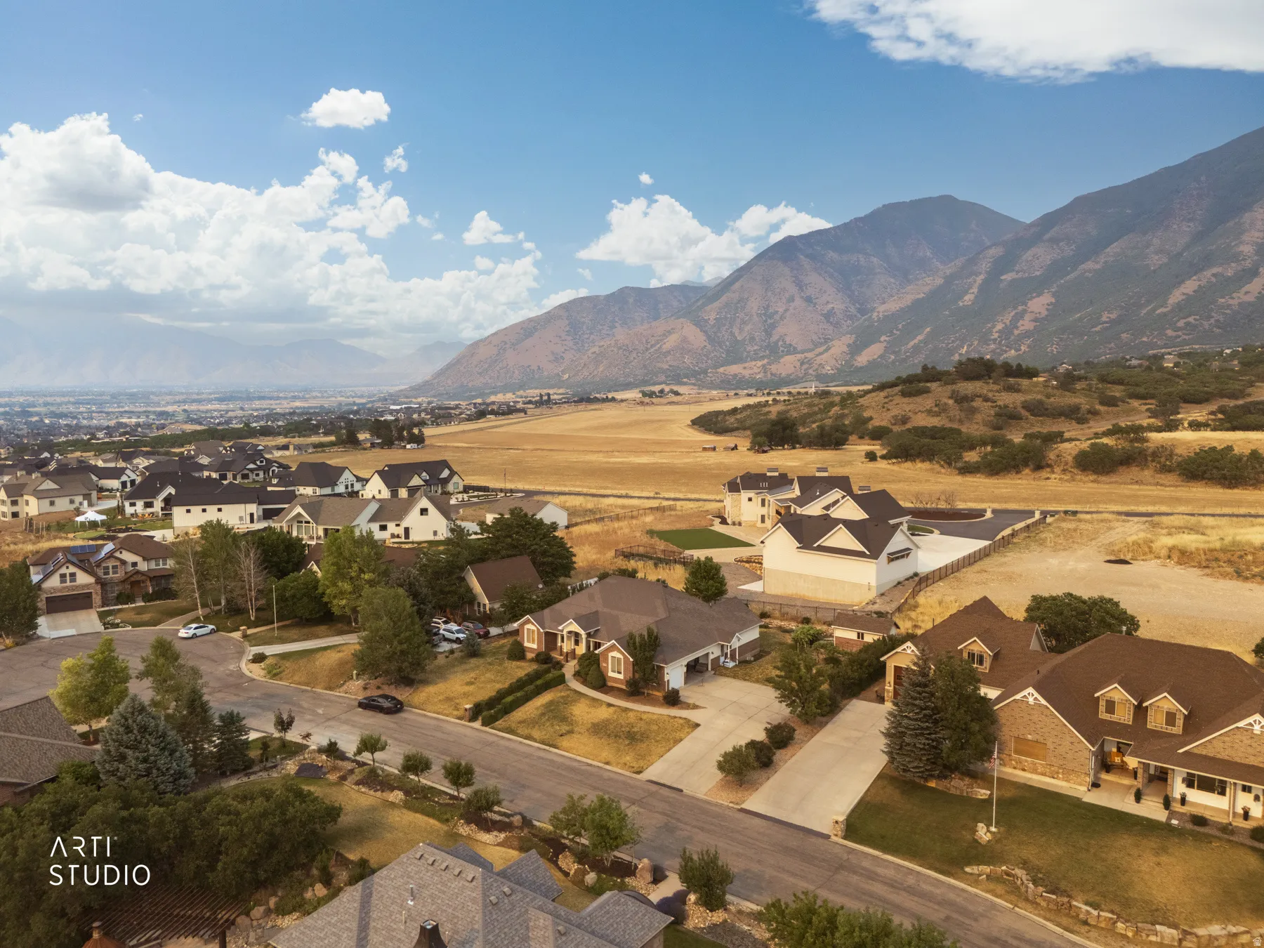 Community featuring a variety of architectural styles, mature landscaping, and mountain backdrops