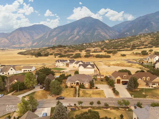 Expansive mountain backdrop with a residential area featuring multiple single-family homes, mature trees, and paved streets