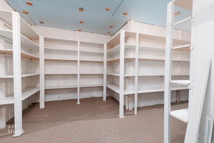Spacious storage room featuring extensive built-in shelving, durable carpeting, and a light blue ceiling