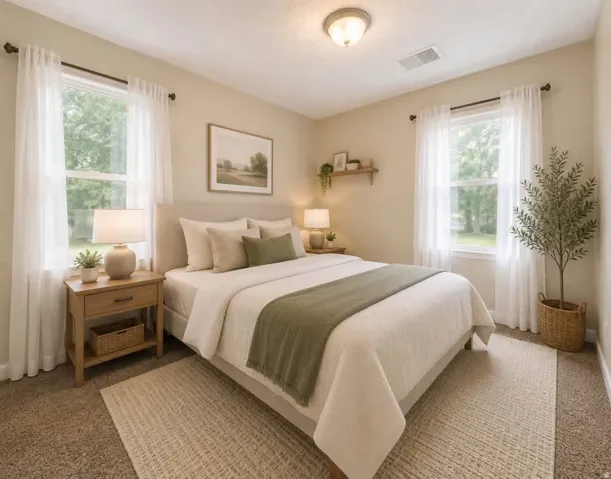 Bedroom featuring neutral wall paint, two single-hung windows with white trim, and a semi-flush ceiling light fixture