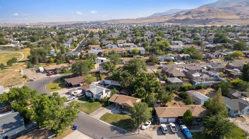 Aerial perspective showcasing a residential neighborhood with varied architectural styles and mature trees