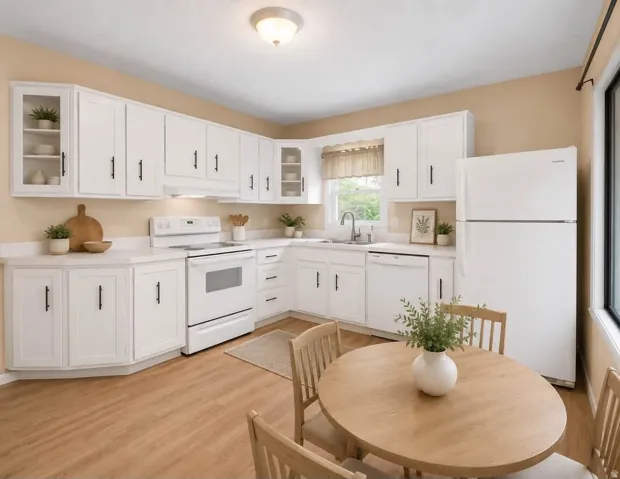 Bright kitchen featuring white cabinetry with black hardware, white appliances, durable wood-finish flooring, and a window above the sink