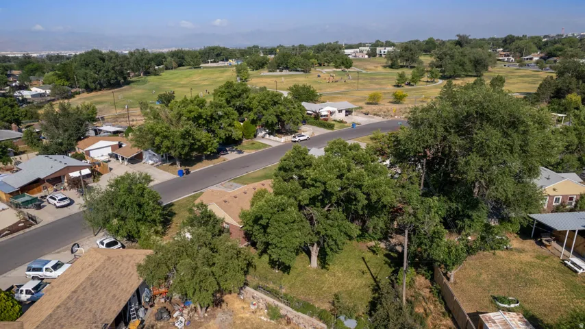Residential community featuring mature trees, paved streets, and a large green space