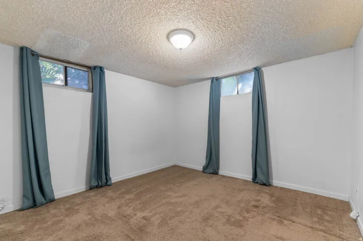 Room featuring neutral-toned carpeting, white walls, and a textured ceiling