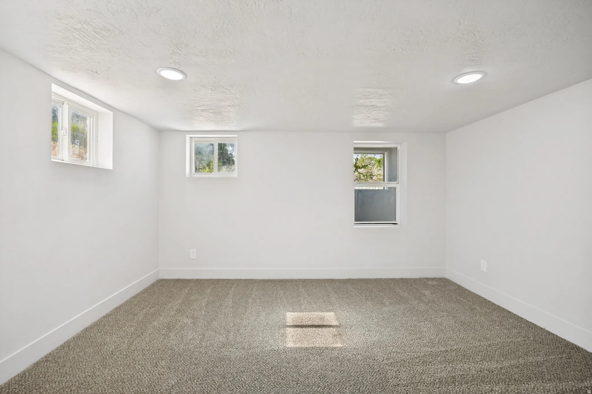 Spacious room featuring neutral carpeting, white walls, recessed ceiling lighting, and multiple windows