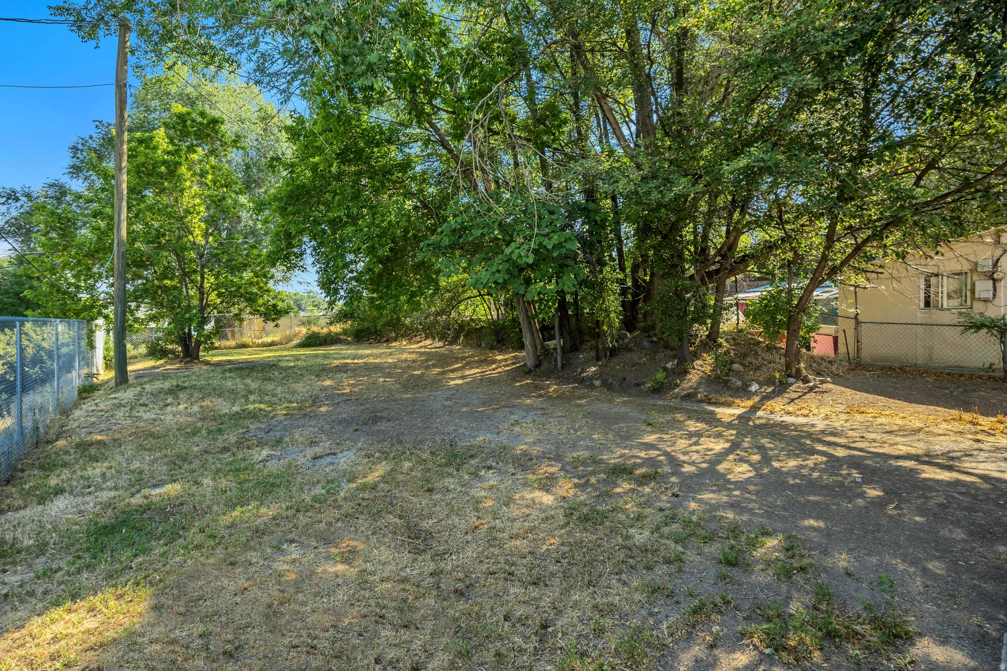 Expansive outdoor space featuring a partial chain-link fence, mature trees, and a clear sky backdrop