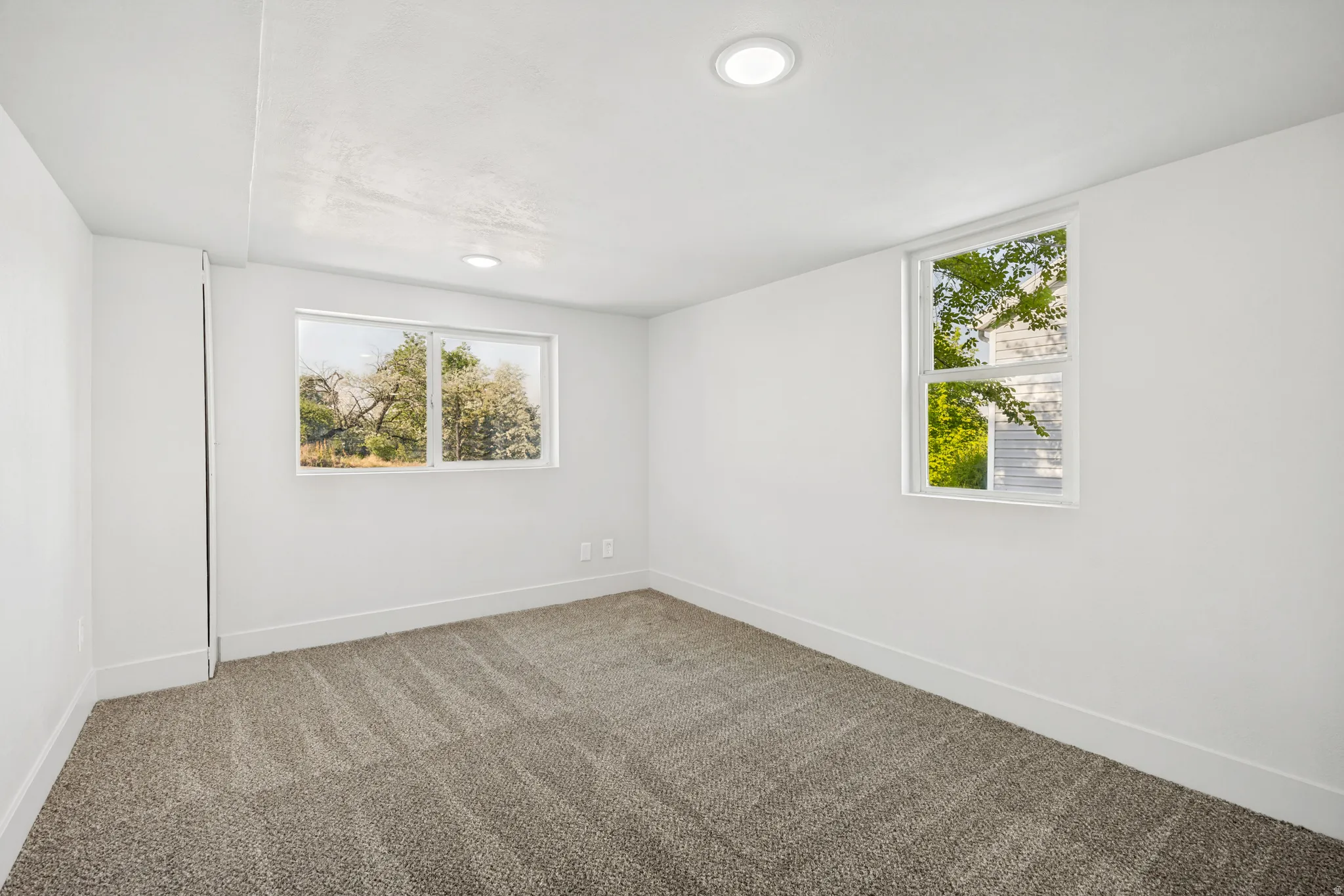 Spacious room featuring neutral carpeting, recessed ceiling lighting, and two windows providing natural light