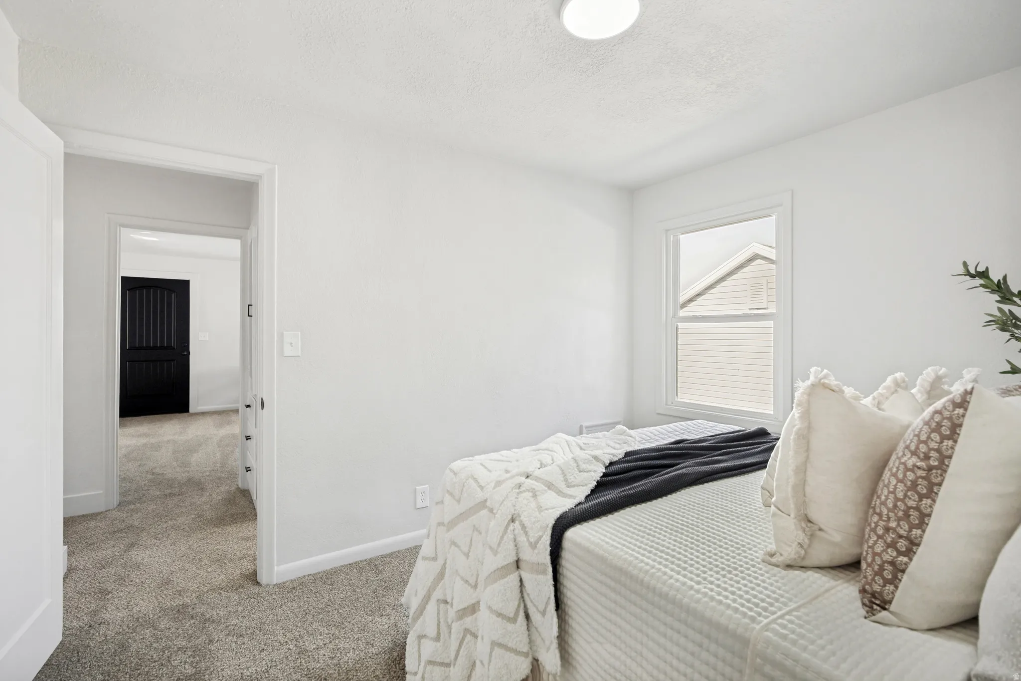 Carpeted room featuring white walls and trim, a single window, and a flush-mount ceiling light