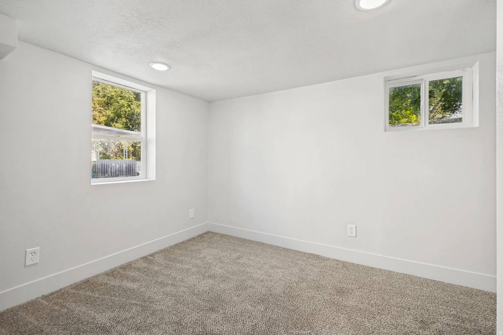 Bright room featuring two windows, neutral carpeting, recessed lighting, and white baseboards