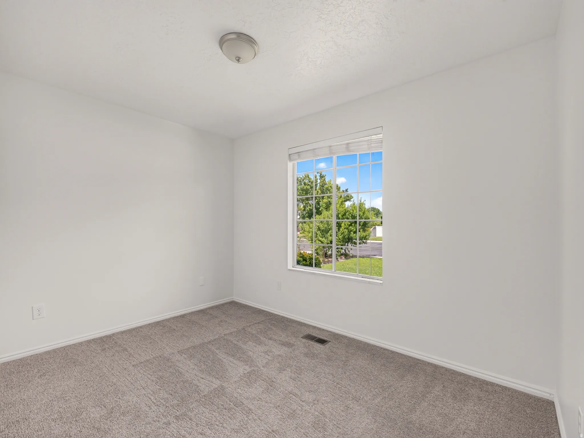 Bright room featuring neutral wall paint, a large window with white blinds, and plush carpeting