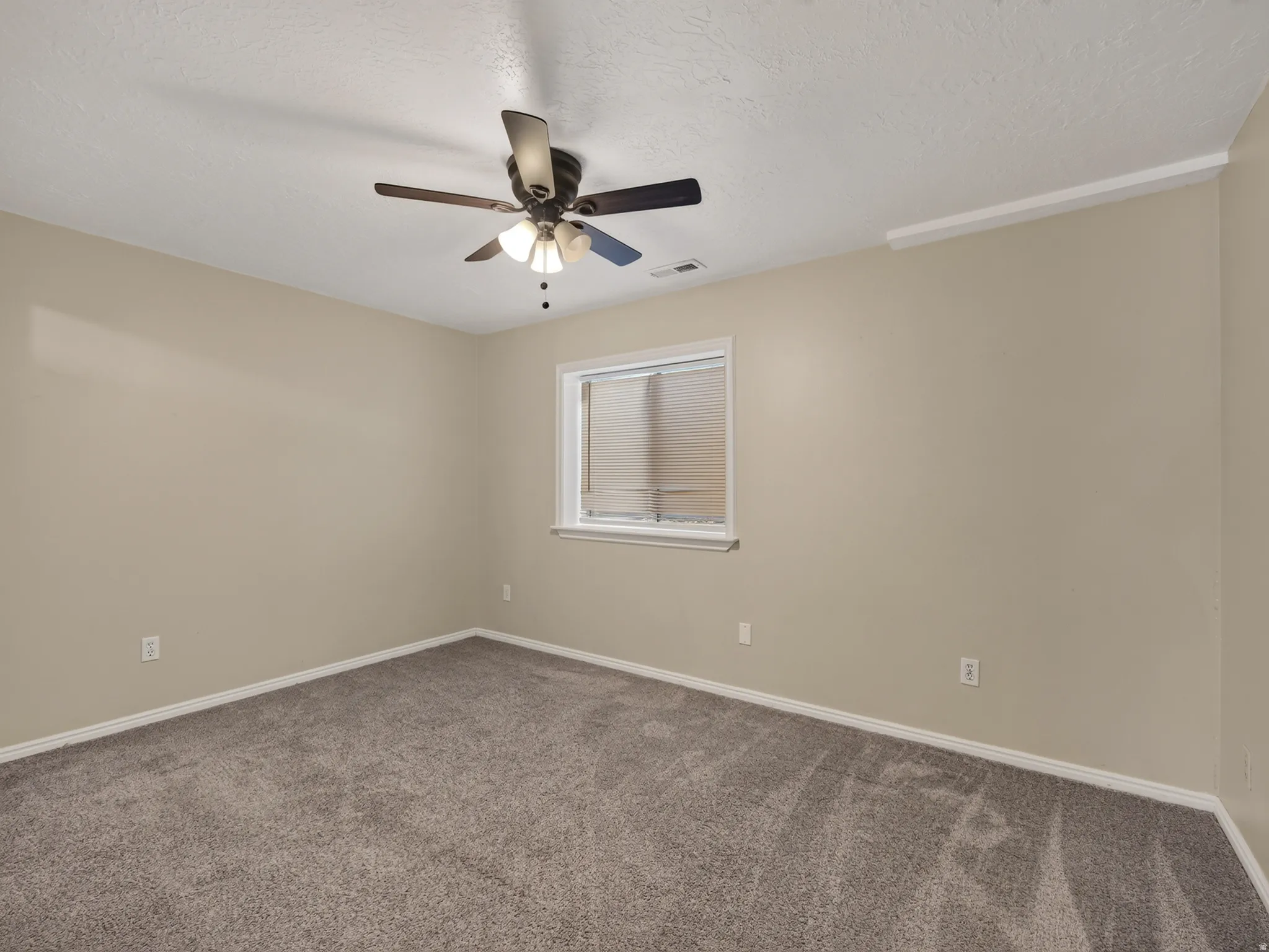 Neutral-toned walls complement plush grey carpeting