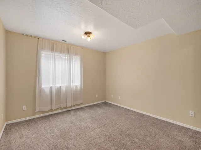 Carpeted room featuring a window with sheer curtains, neutral wall paint, and a textured ceiling with a flush-mount light fixture