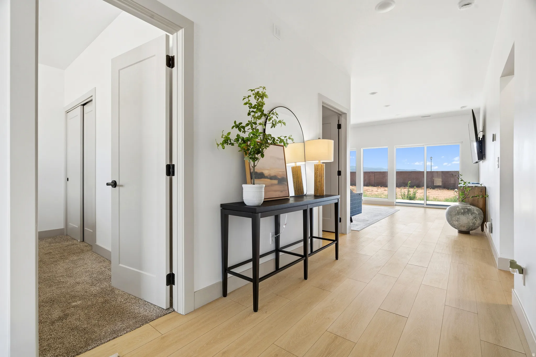 Light wood-finish flooring extending from the entryway into an open living area